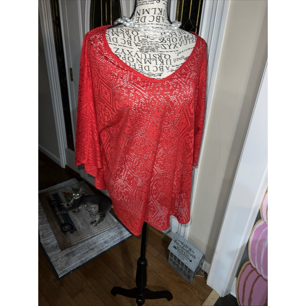 Chico's Top Loose Knit Semi Sheer Sexy Short Sleeve Red Top Size 2 246